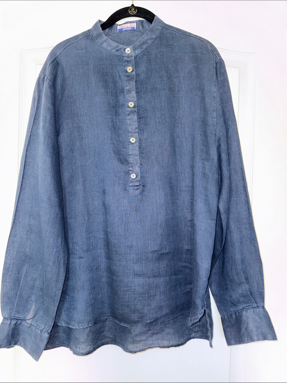 Womens Navy Blue Linen Button-Placket Tunic Top - Casual Band Collar